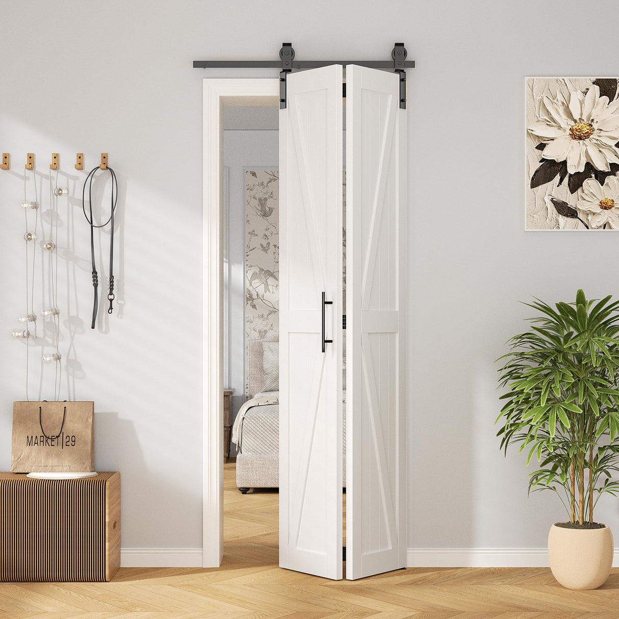 ROOMTEC 30"x84" Solid Pine Bi-Fold Closet Door, White Finish Folding Interior Door, Pre-Assembled, with Track Hardware, for Bedroom, Wardrobe, Laundry Room ROOMTEC