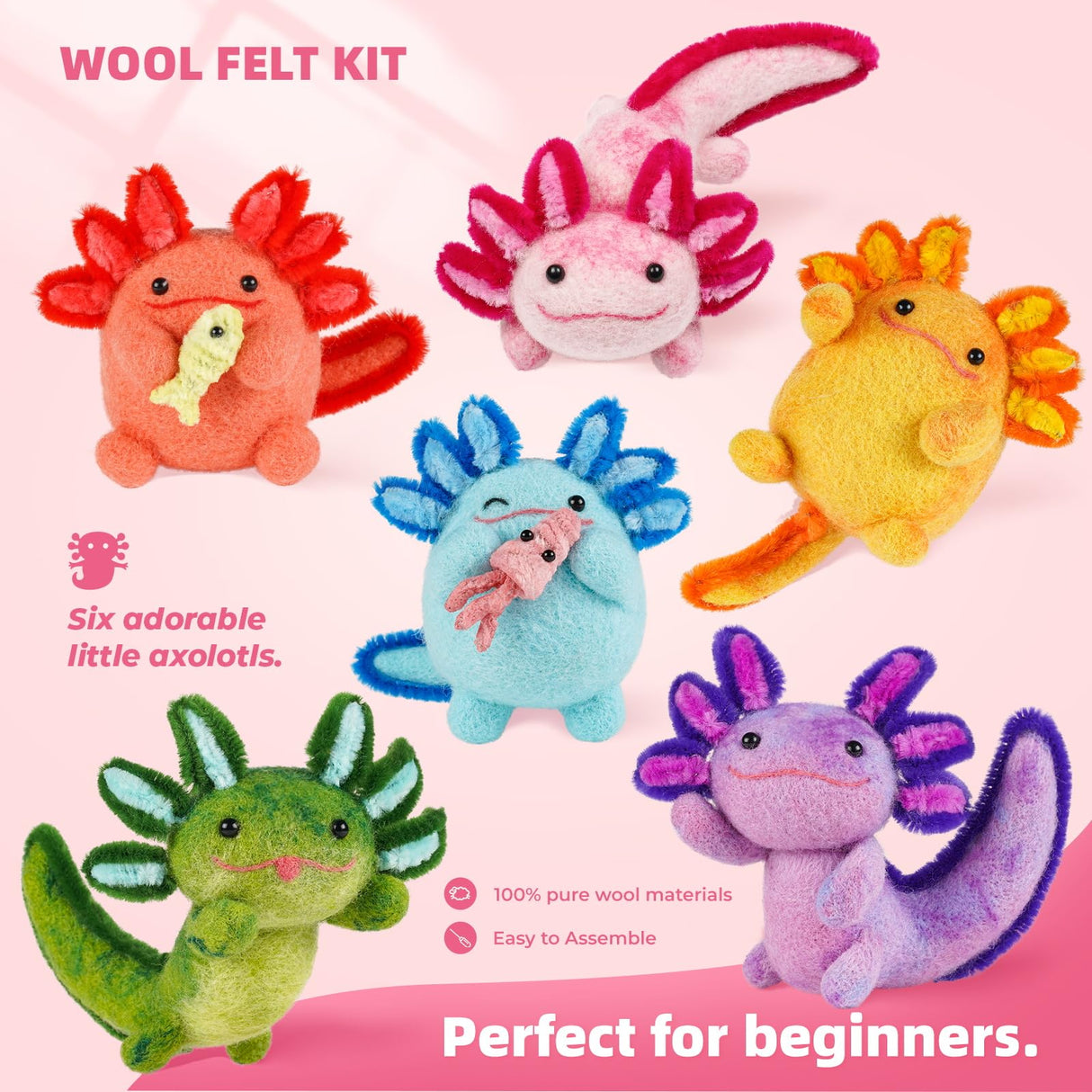 MOREJMTT Needle Felting Kit, 6 PCS Farm Animal Needle Felting Beginner Kits, Wool Felt Needle Felting Tools Foam Pad, Craft Party Supplies for Beginners Adult(6pack Axolotl) MOREJMTT