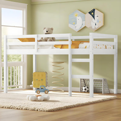 LINKHOO Twin Size Wooden Low Loft Bed with Guardrail and Ladder for Kids, Boys and Girls, No Box Spring Needed, White