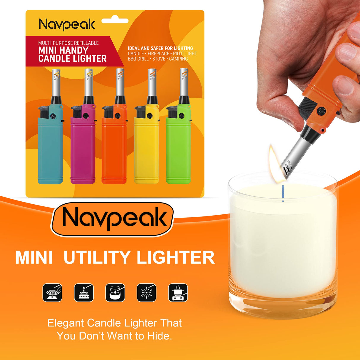 Navpeak Mini Candle Lighter Multipurpose Lighter Utility Lighter with Extended Wand Handy Refillable for Kitchen Fireplace Pilot Light DIY BBQ Grill Stove 5 Pack (Butane Included) Navpeak