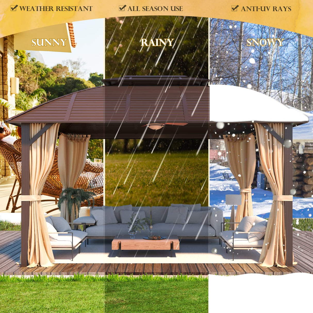 YOLENY 10' x 13' Hardtop Gazebo with Galvanized Steel Roof, Double Arc Roof Gazebo with Aluminum Frame, Outdoor Gazebo with Curtain&Netting, Sunshade for Gardens, Lawns, Deck YOLENY