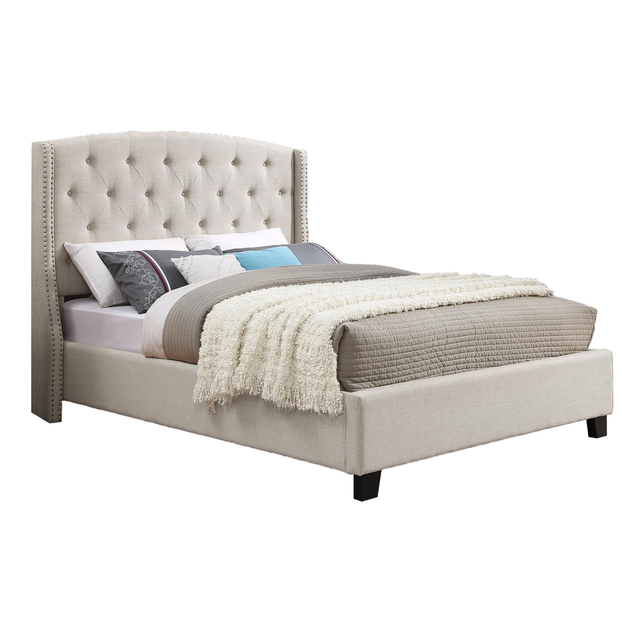 Roundhill Furniture Nantarre Fabric Tufted Wingback Upholstered Bed with Nailhead Trim, King, Tan Roundhill Furniture