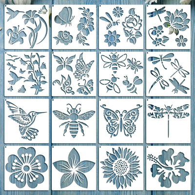 16 Pieces Stencil for Painting Sunflower Butterfly Floral Stencil Spring Summer Large Reusable Hummingbird Painting Templates and Metal Open Ring for DIY Craft on Wood Wall Home Decor(6.3 x 6.3 Inch)