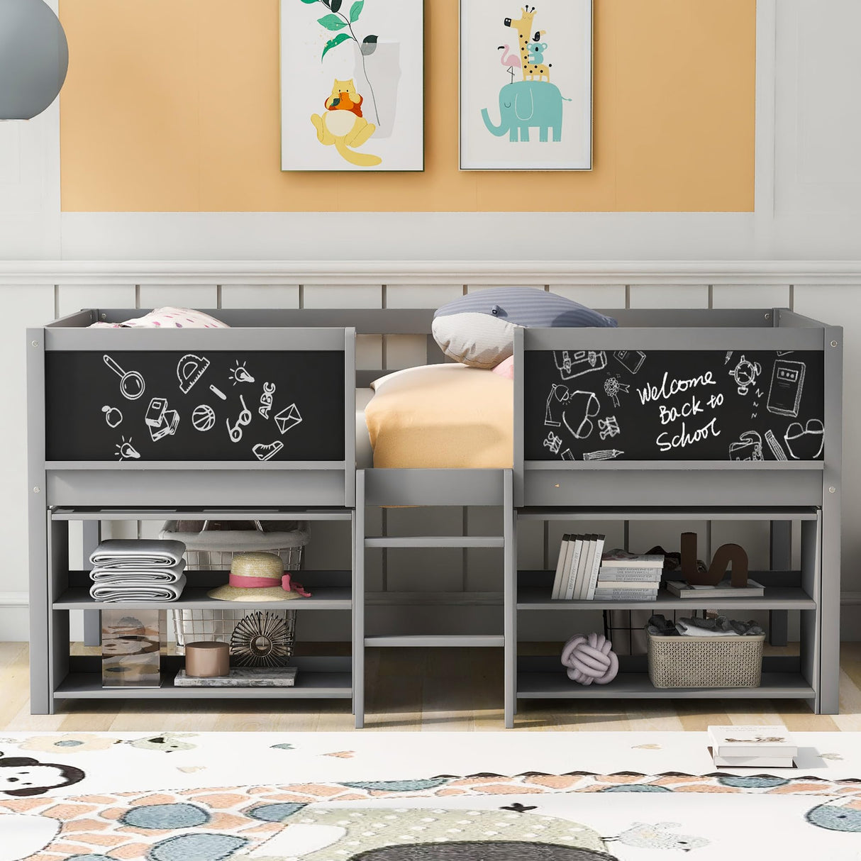 SOFTSEA Twin Size Low Loft Bed with Movable Shelves, Chalkboard, and Guardrail in Grey SOFTSEA