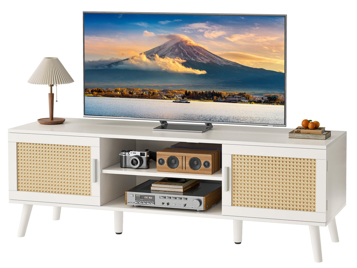 SUPERJARE 65 Inch TV Stand, Entertainment Center with Adjustable Shelf, Rattan TV Console with 2 Cabinets, Media Console, Solid Wood Feet, 4 Cord Holes, for Living Room, White SUPERJARE