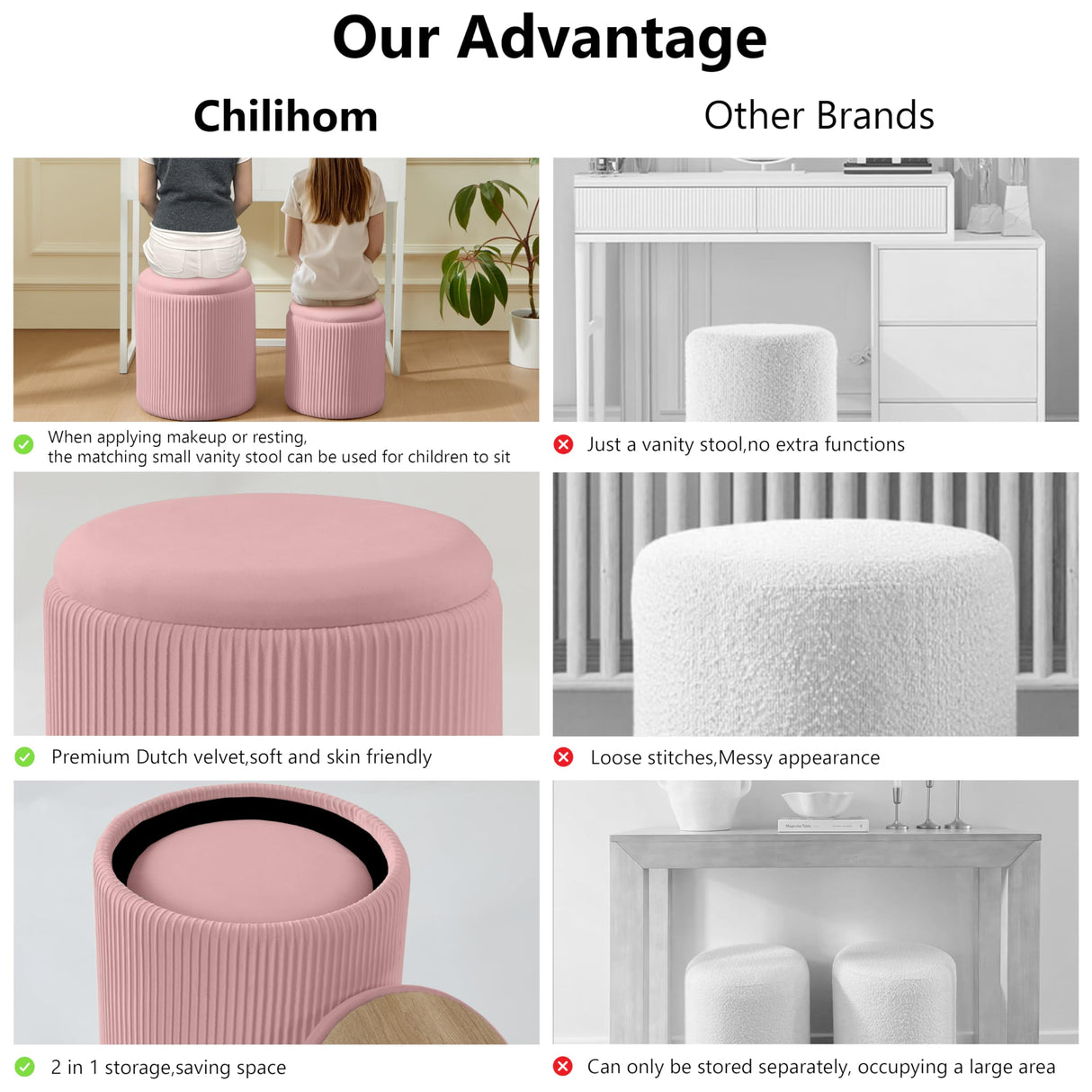 Chilihom Pink Ottoman with Storage Set of 2 Velvet Upholstered Round Vanity Stool Footrest for Makeup Multifunction Support 300lbs Modern Ottoman Coffee Table Padded Seat for Living Room&Bedroom Chilihom