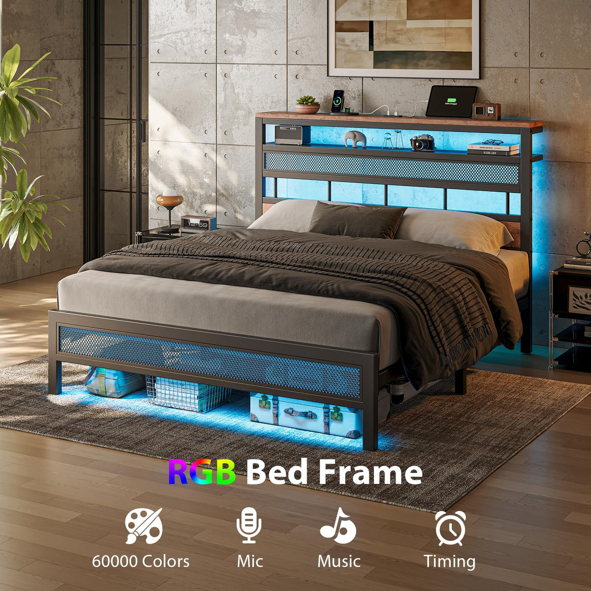 ZENBEDING Led Bed Frame Queen Size, Metal Platform Bed Frame with 2-Tier Storage Headboard, Mesh Queen Bedframe with Charging Station, Easy Assembly and No Box Spring Needed (Rustic Brown) ZENBEDING