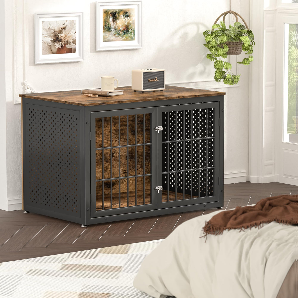 rehomerance Rustic Heavy Duty Dog Crate Furniture for Extra Large Dogs, 48" Indestructible Metal Kennel for High Anxiety Dogs, Wooden Cage Kennel Furniture Indoor, Decorative Dog Kennel End Table, XL rehomerance