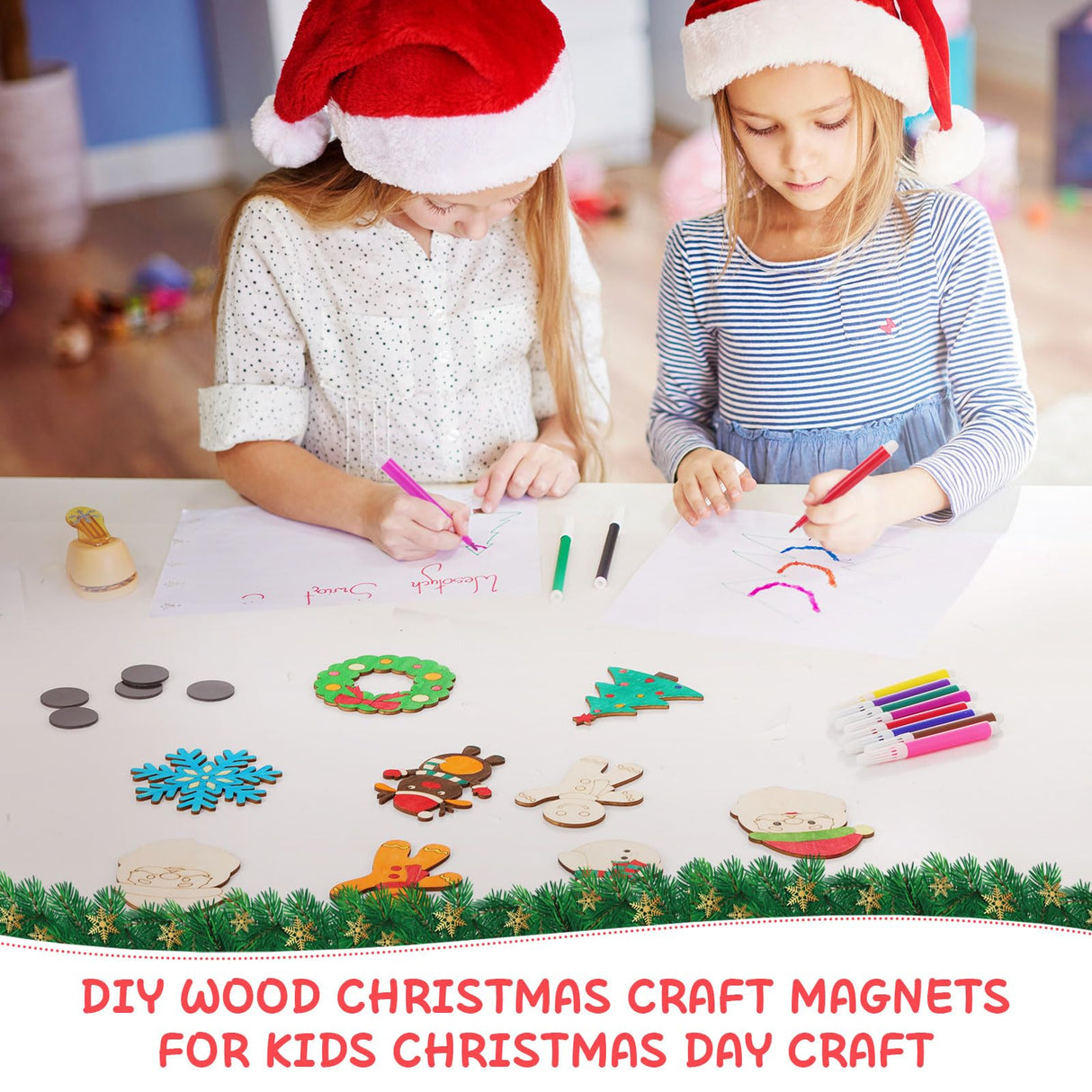 Blueweenly 84 Pcs DIY Wood Christmas Craft Magnets Set for Kids Christmas Day Craft Wooden Ornaments Unfinished Slices in 9 Styles Ornaments to Paint Crafts for Kids Blueweenly