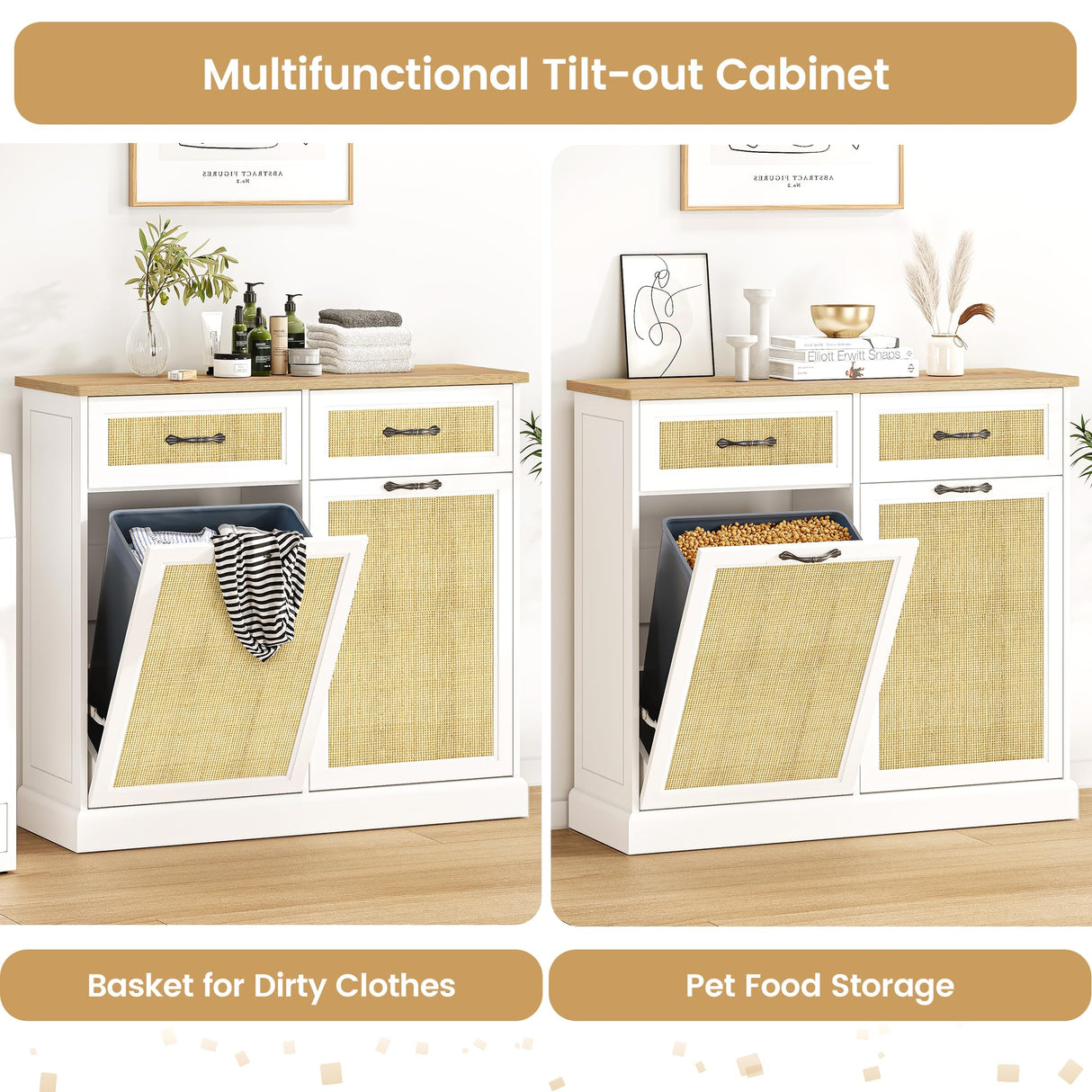 IDEALHOUSE Double Tilt Out Trash Cabinet with Natural Rattan, Hidden Trash Can Cabinet 10 Gallon Storage Holder, Freestanding Garbage Bin Cabinet for Kitchen Dining Living Room IDEALHOUSE