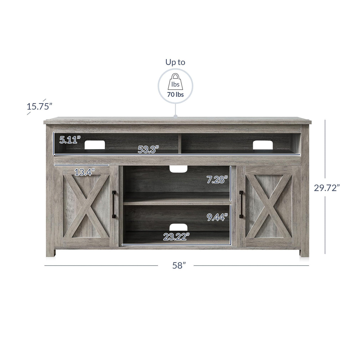 BELLEZE Modern 58 Inch Barn Door Wood TV Stand & Media Entertainment Center Console Table for TVs up to 65 Inches with Two Open Shelves and Cabinets - Corin (Gray Wash) BELLEZE