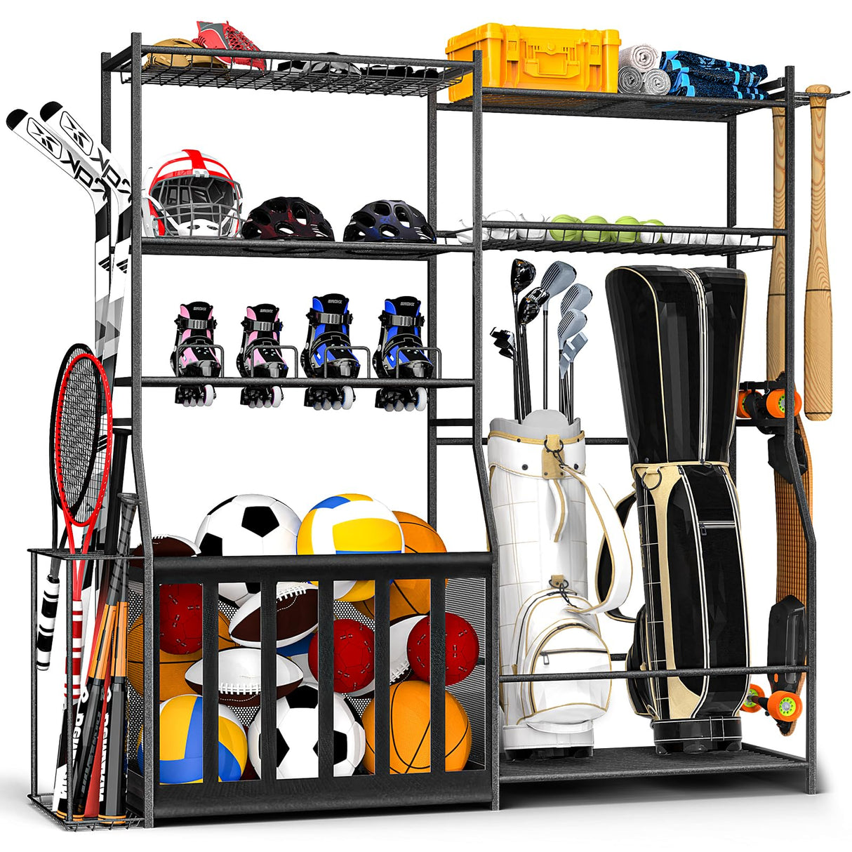 Garage Sports Equipment Organizer with Golf Bag Stand, Balls Storage Rack, and Toy Organizer – Durable Indoor/Outdoor Multi-Use Rack for Kids' Gear and Seasonal Items SPIDERCAMP