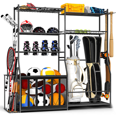 Garage Sports Equipment Organizer with Golf Bag Stand, Balls Storage Rack, and Toy Organizer – Durable Indoor/Outdoor Multi-Use Rack for Kids' Gear and Seasonal Items