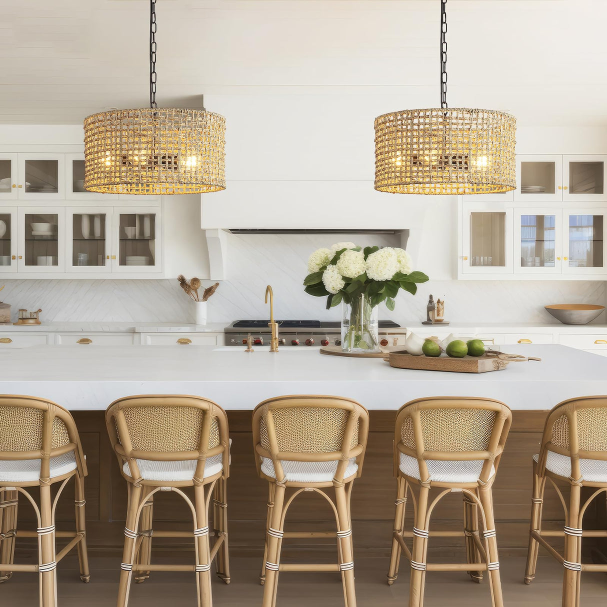 Mgcanyu 17.7" Rattan Dining Room Light fixtures, 5-Light Hand Woven Pendant Lights Kitchen Island Rattan Boho Chandelier Bohemian Hanging Ceiling Lights Wicker Lighting for Restaurants Living Room Mgcanyu