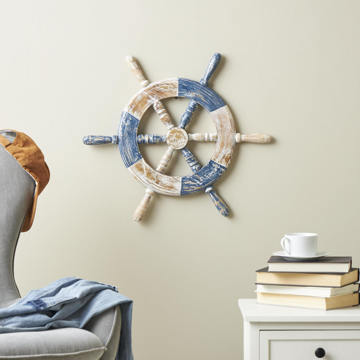 Deco 79 Wood Ship Wheel Home Wall Decor Distressed Two-Toned Wall Sculpture with Brown Accents, Wall Art 19" x 2" x 22", Blue Deco 79