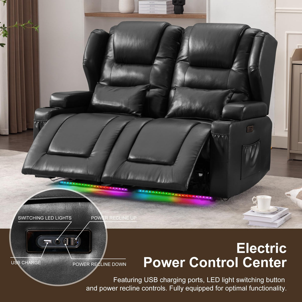 DRMBOOK RV Power Loveseat Recliner Sofa, Leather Double Wall Hugger Reclining Sofa, Home Theater Seating Chair with Cup Holders, 2 Person Couch RV Furniture for Living Room, Black DRMBOOK