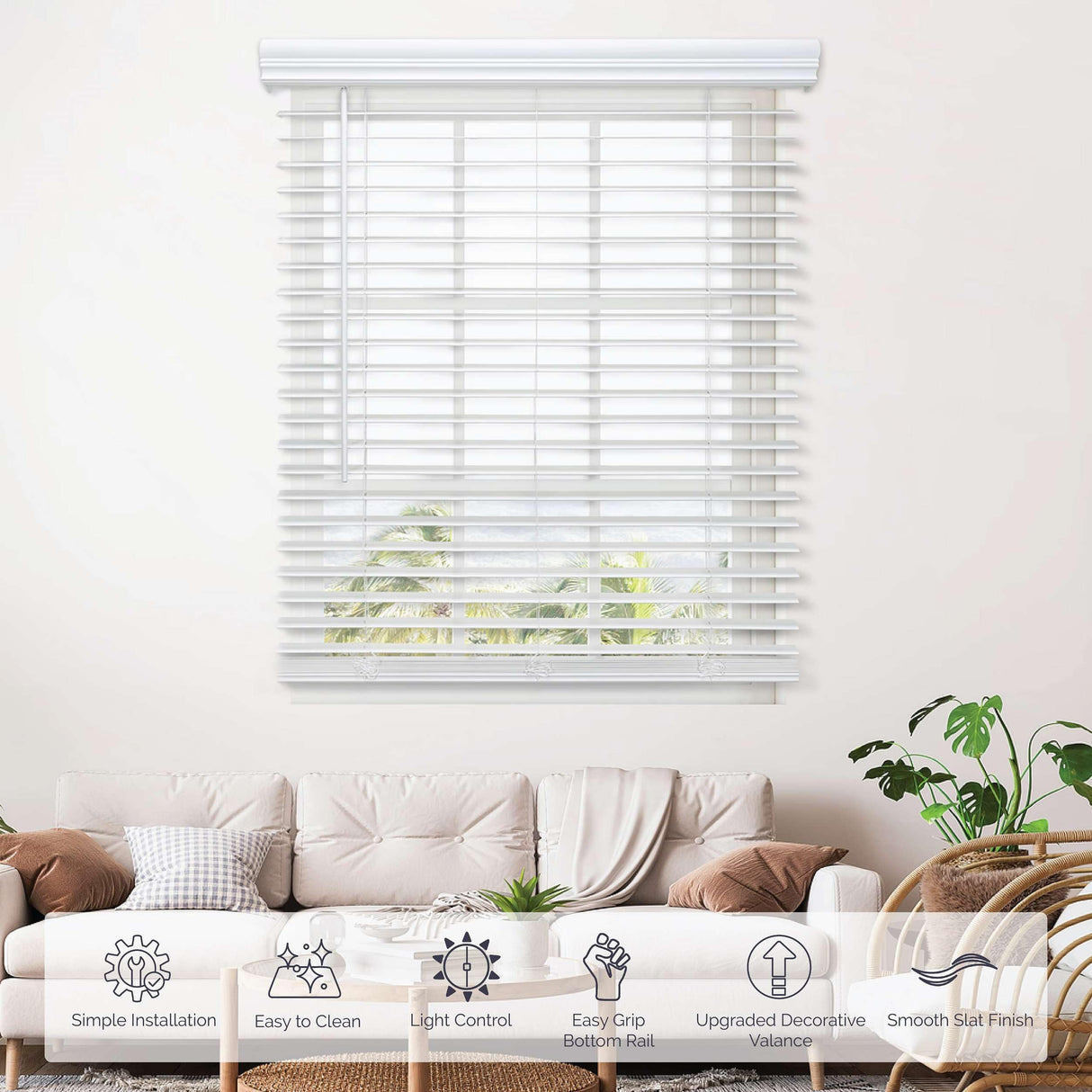 Linen AVENUE Cordless Faux Wood Blind White 25 W x 36 H, Outside Mount Linen AVENUE