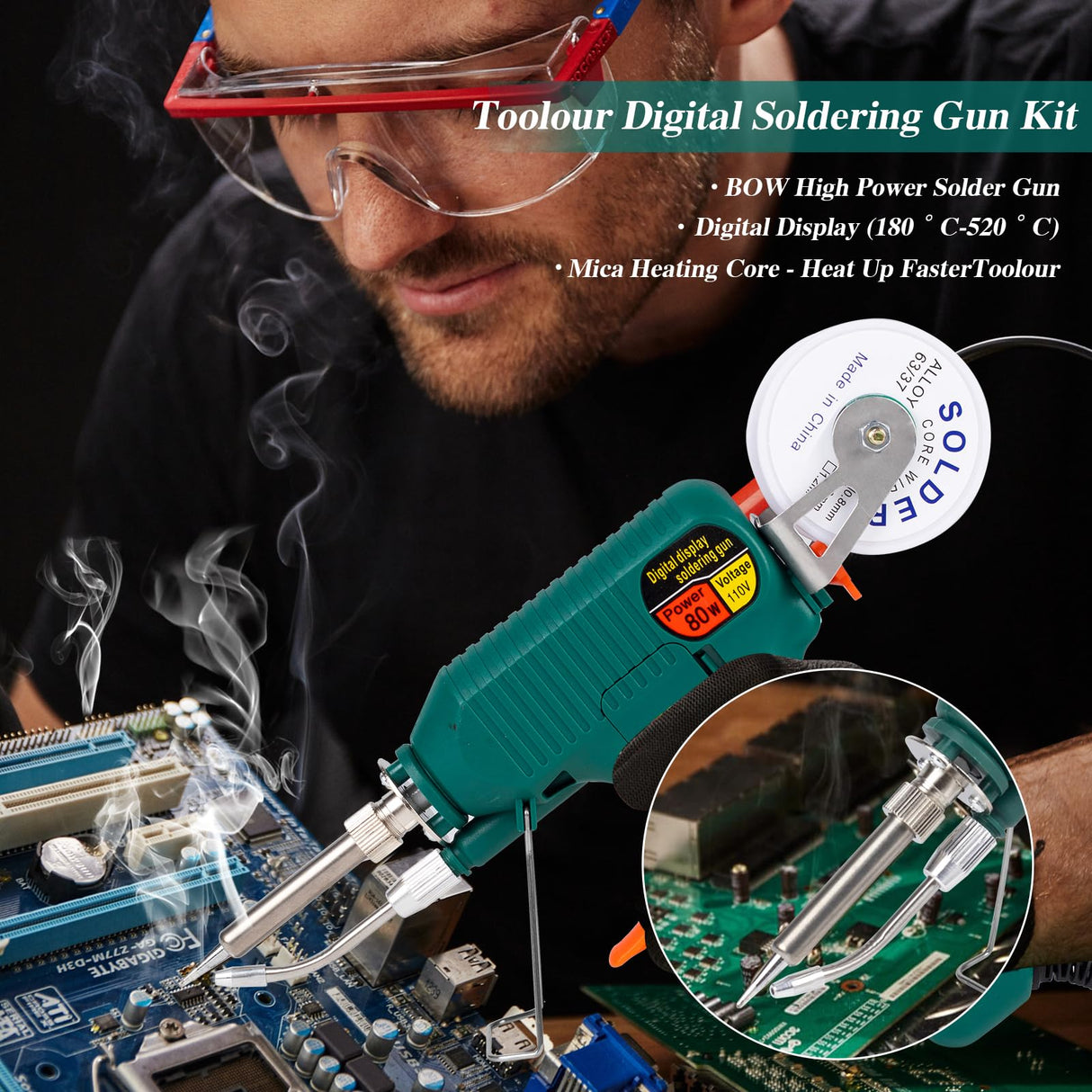 Larlarsa Soldering Gun Kit - Soldering Iron Kit with Adjustable Temp 180-520°C,ON/OFF Button,80W LED Digital Internal Heat Soldering Gun,Auto Send Tin Soldering Kit for Electronics Welding Repair DIY Larlarsa