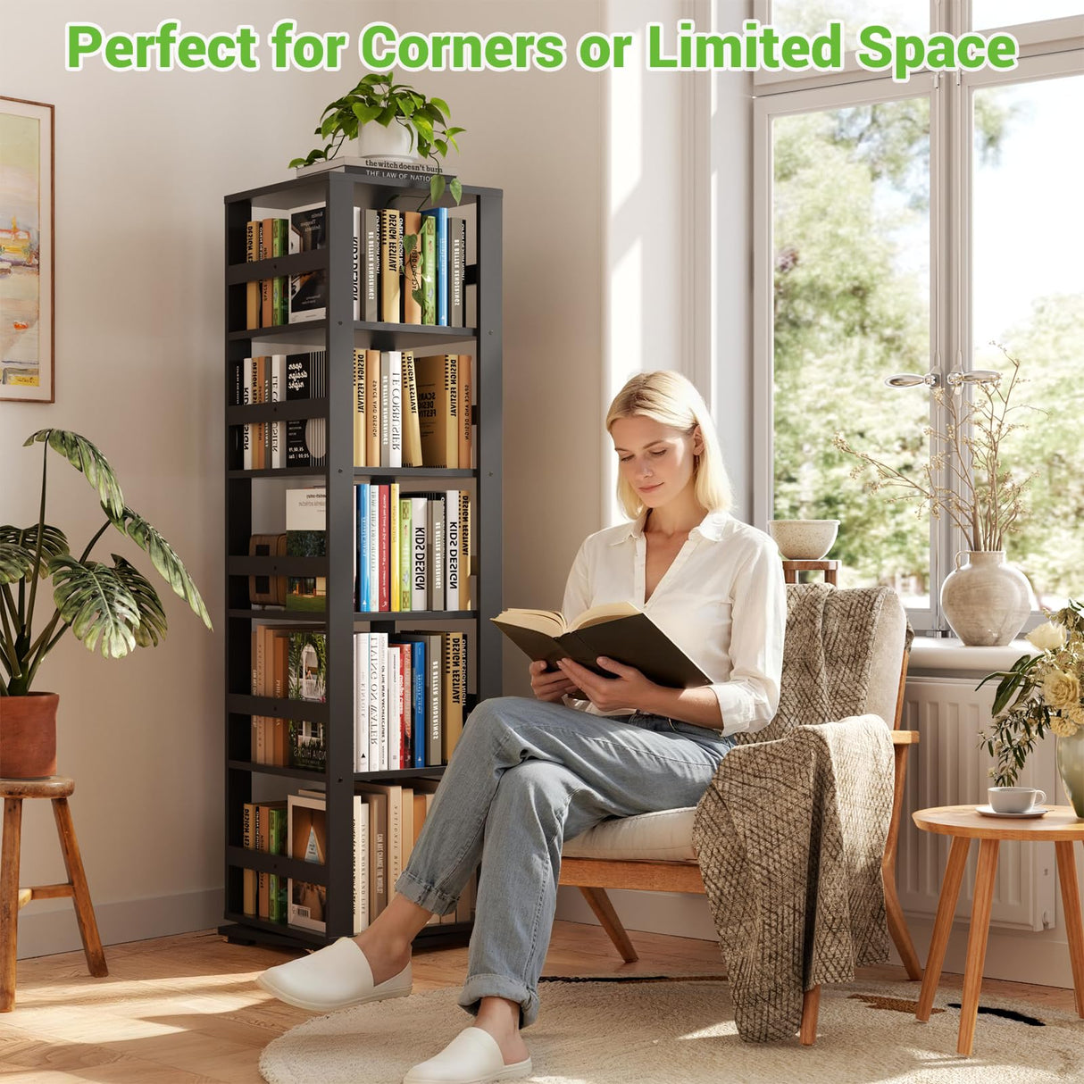 Homykic Rotating Bookshelf, Bamboo 360 Display Spinning Bookshelf Tower, 5-Tier Small Corner Bookcase for Small Spaces, Narrow Revolving Book Shelf Organizer Rack for Home Office, Black Homykic