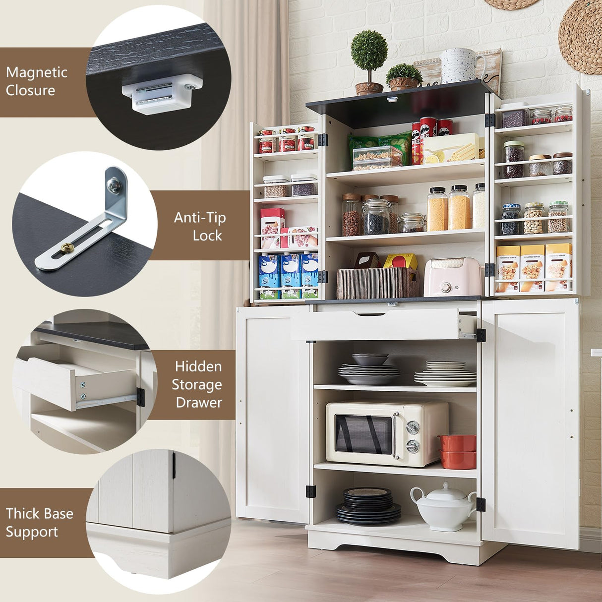 VanAcc 72" Tall Farmhouse Kitchen Pantry Cabinet with Door Organizer & Adjustable Shelves, Wooden Storage Cupboard with Drawer and Barn Doors for Kitchen, Dining Room, Living Room, Distressed White VanAcc