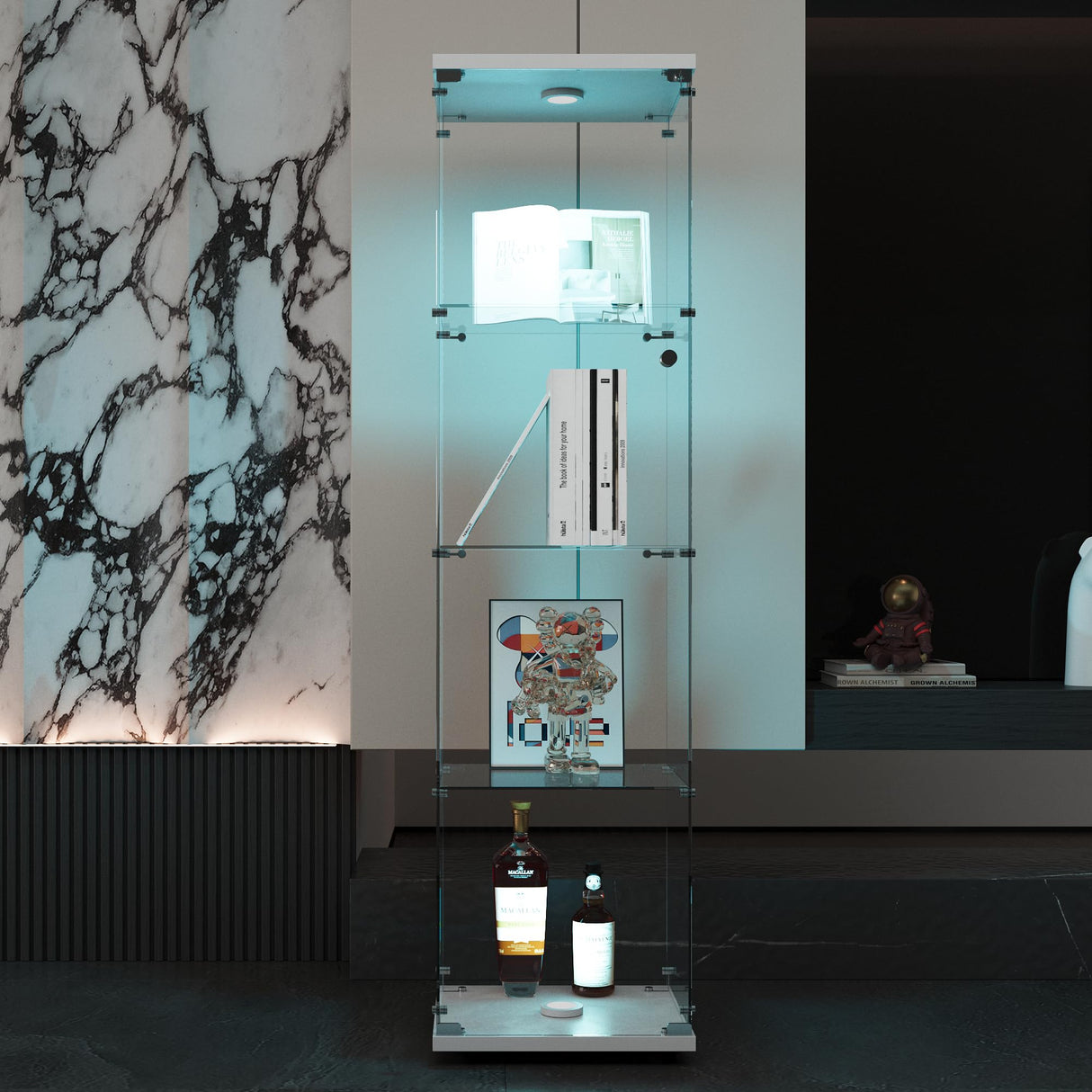 Fulocseny 4-Shelf Glass Display Cabinet White Display Case with LED Light and Glass Door Modern Curio Collection Cabinet, Floor Standing Bookshelf for Living Room Office(White 64.7"x16.7"x14.3") Fulocseny