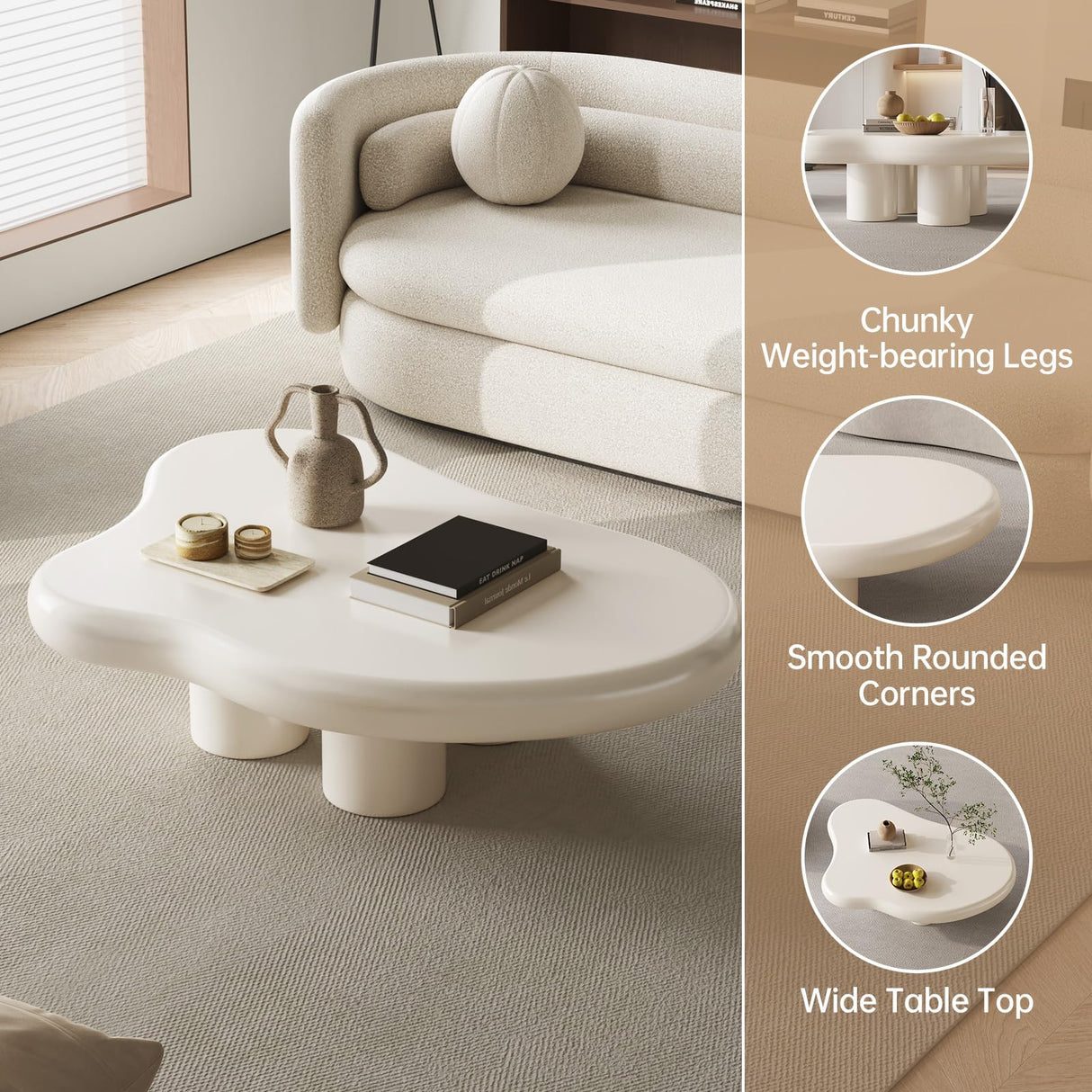 Guyii Cloud Coffee Table, Cute White Modern Tea Table, Irregular Indoor End Table for Living Room, Free Shape with 4 Legs, 35.82 Inches Guyii