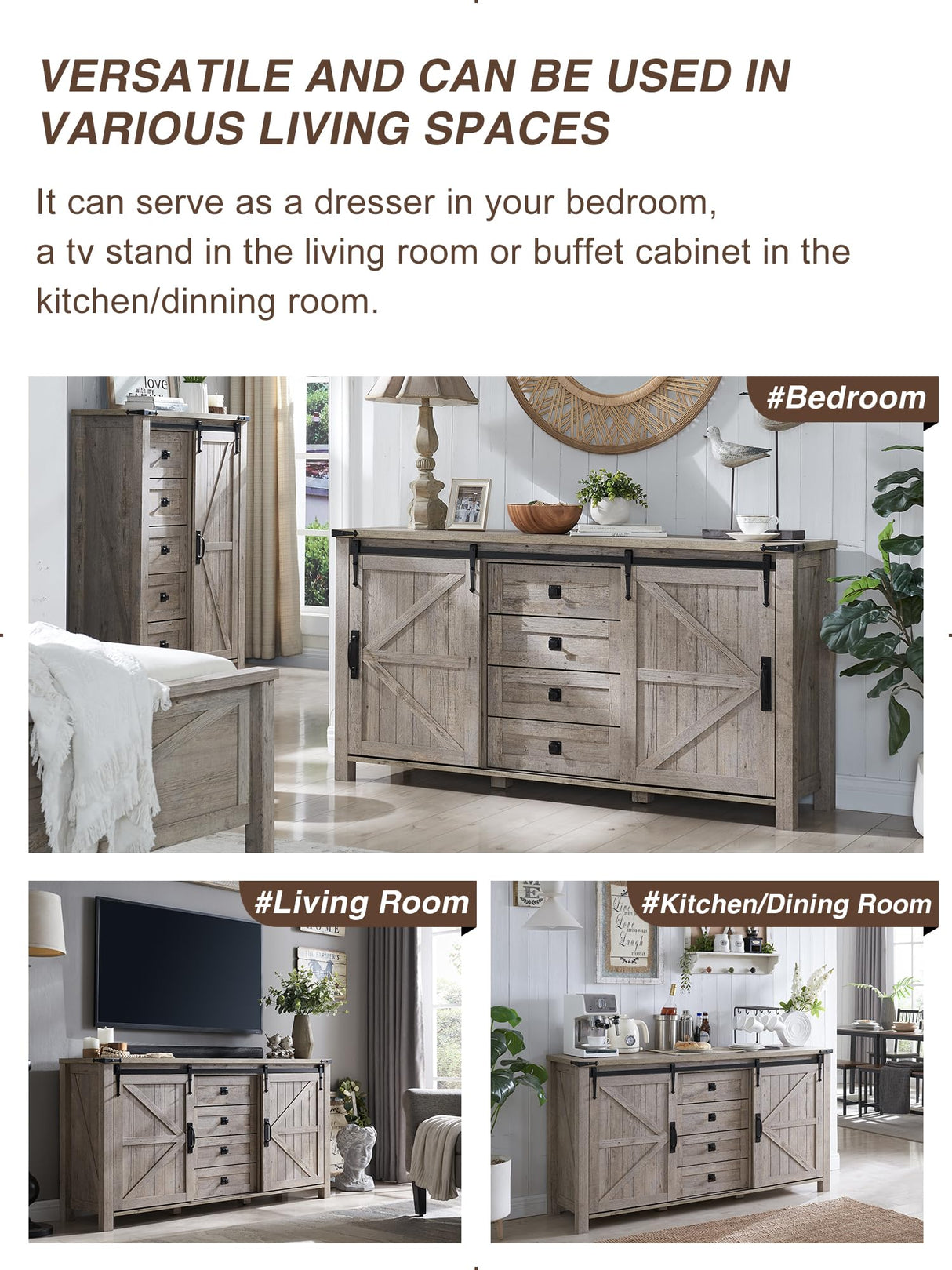 Rustic Oak Farmhouse Buffet Cabinet with Sliding Barn Doors and 4 Drawers - 60" Storage Solution T4TREAM