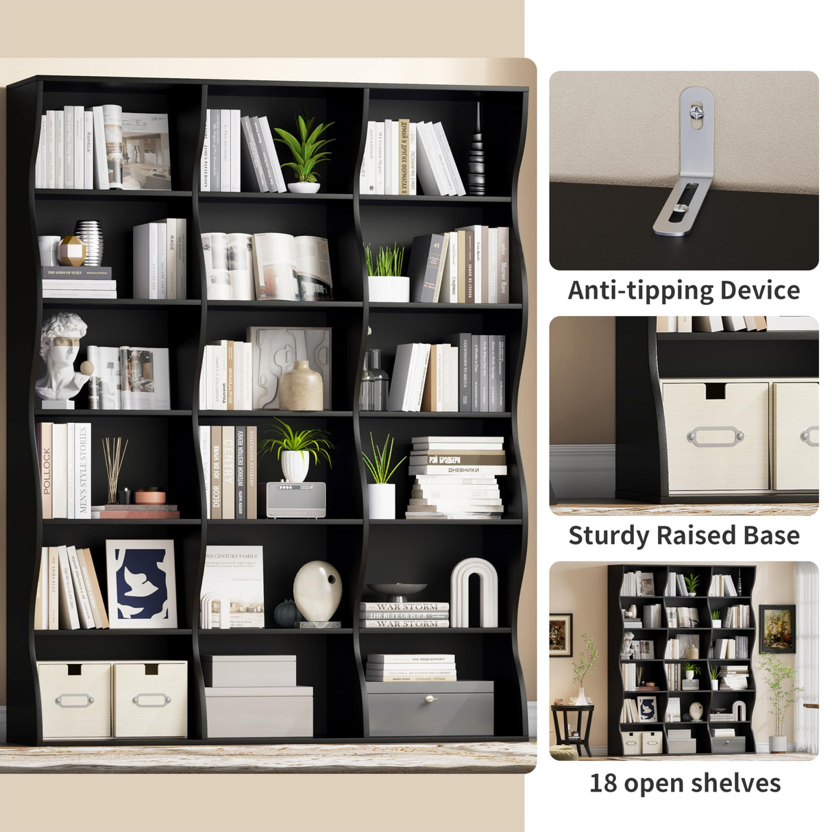 Gyfimoie 71" Triple Wide Bookshelf, 6 Tier Tall Bookcase with Storage, Large Book Shelves with 18 Open Display Shelves, Black Bookcase for Living Room, Study, Home Office, Library (Black) Gyfimoie