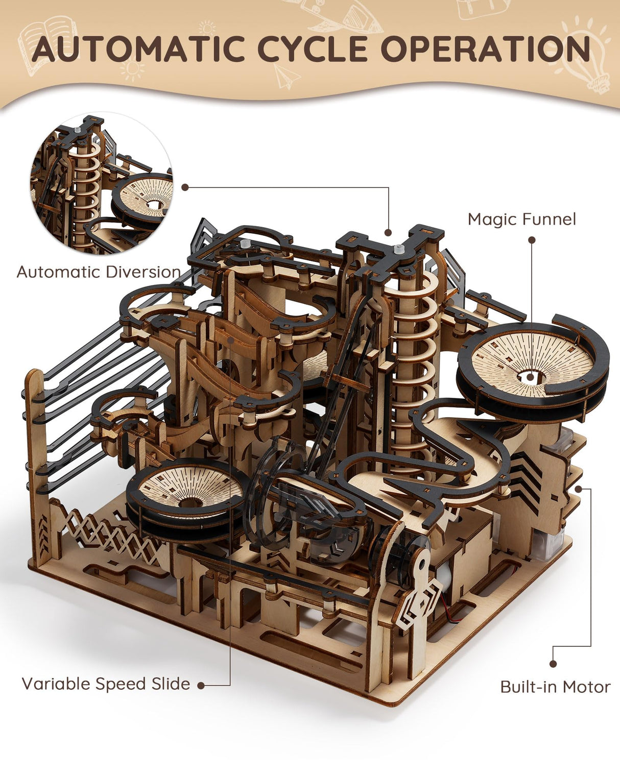 Sainsmart Jr. 3D Wooden Puzzles for Adults, Electric Marble Run Building Kit, Wooden Model Kits Spaceport, Creative Gifts for Teens Ages 14+ (Galaxy Walk) SainSmart Jr.
