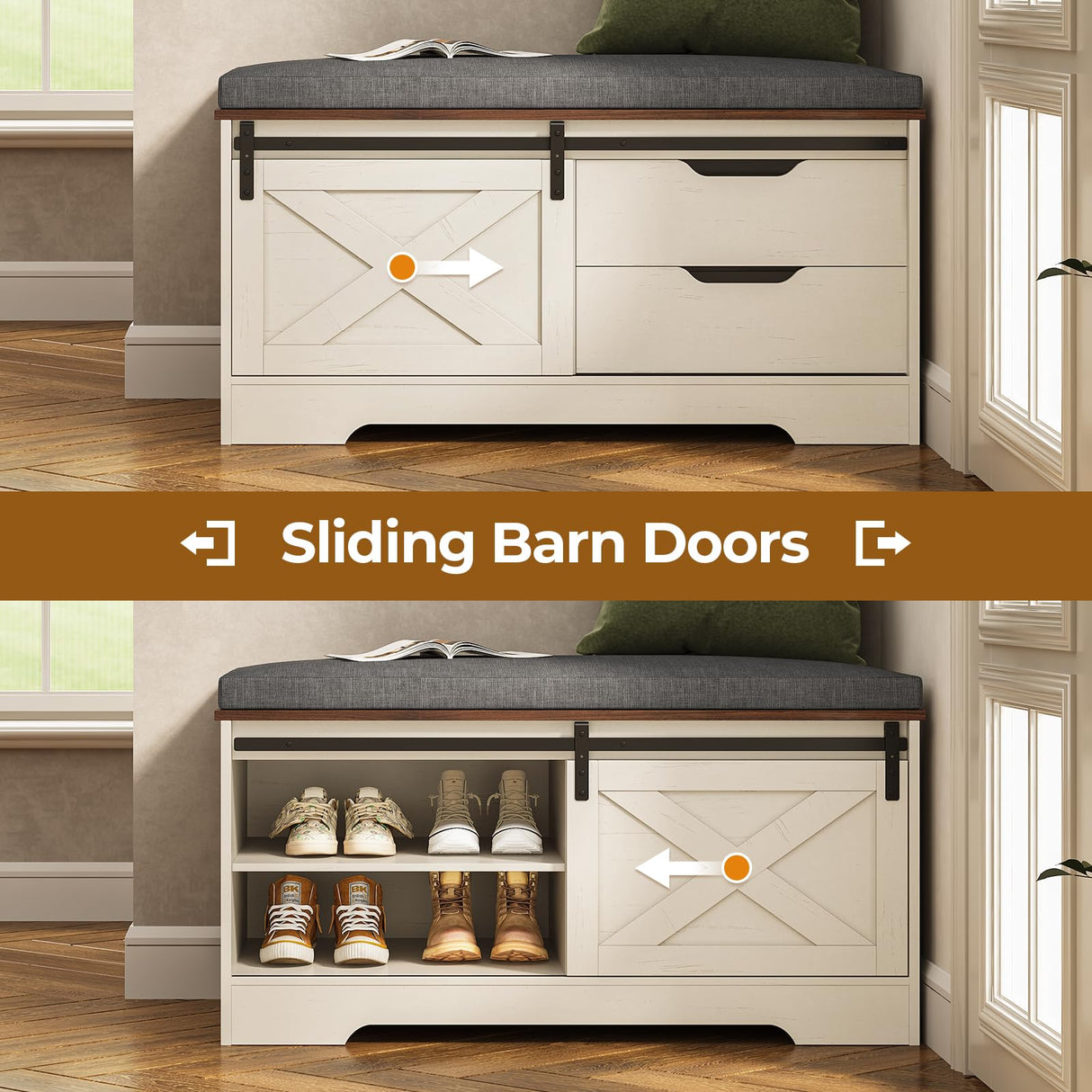 UPOSOJA Farmhouse Storage Bench with Cushion, Shoe Rack with Slide Barn Doors, Adjustable Shelf and 2 Drawer for Entry, Bedroom, Closet, Living Room, Hallway (White Brown, 40 in) UPOSOJA