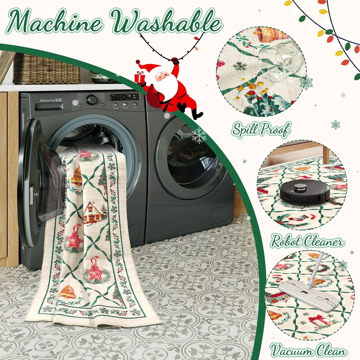 LIVEBOX Machine Washable Christmas Area Rug 5x7 - Moroccan Rug Thin Non-Slip Christmas Rugs for Living Room Bedroom,Large Neutral Low-Pile Green Rugs for Dining Room Office, Beige/Green LIVEBOX