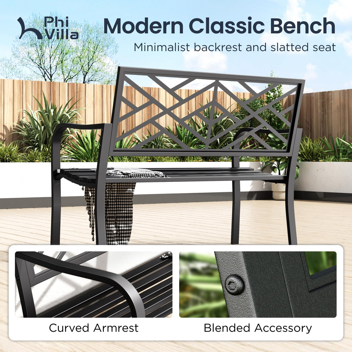 PHI VILLA 43 Inch Cast Iron Steel Frame Outdoor Garden Bench, Patio Furniture Chair Bench w/Line Pattern Design Backrest, Slatted Seat for Park, Yard, Porch - Black PHI VILLA