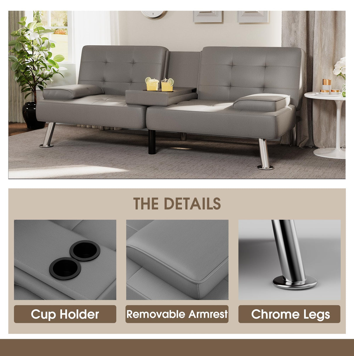 Flamaker Futon Sofa Bed Modern Folding Futon Set PU Leather Convertible Recliner Lounge for Living Room with 2 Cup Holders, Removable Armrests (PU Leather, Grey) Flamaker