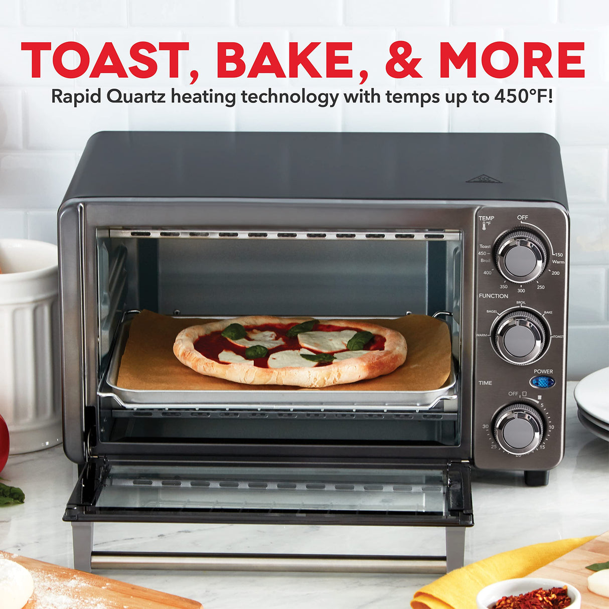 Dash Express Countertop Toaster Oven with Quartz Technology, Bake, Broil, and Toast with 4 Slice Capacity and Pizza Capability – Black DASH
