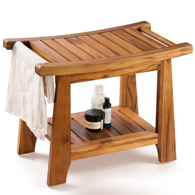 Tinamo 22”L Teak Shower Bench for Inside Shower - Teak Shower Stool & Wooden Bathroom Bench - Shower Chair for Inside Shower with Handles - Teak Shower Benches, Wood Bench for Bath with Storage Shelf