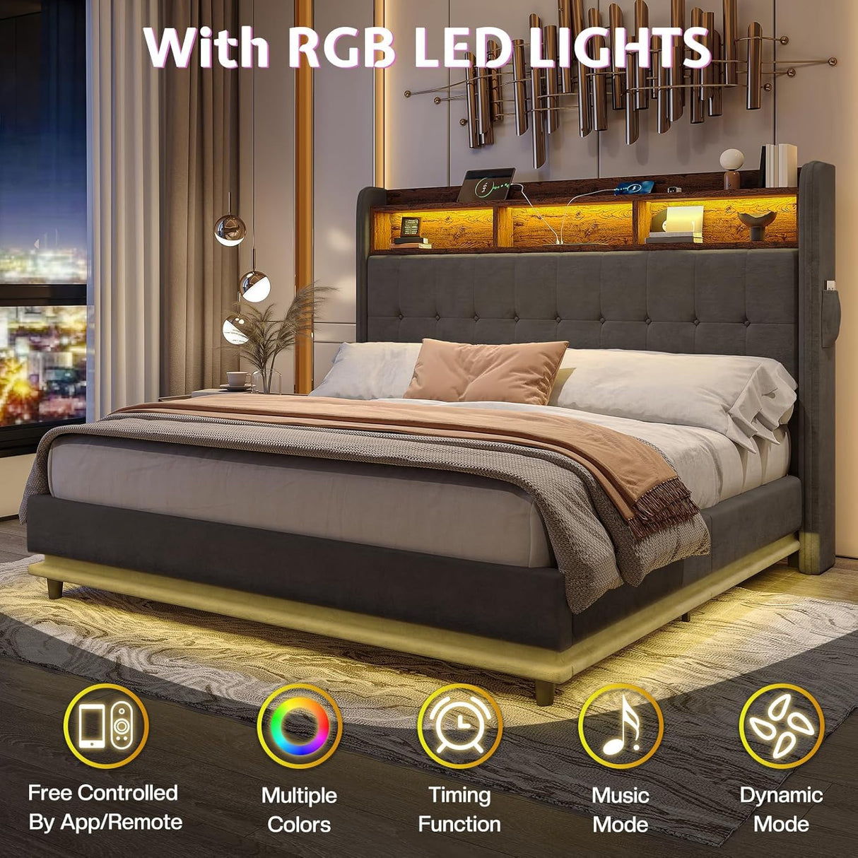 Jocisland 53.1" H Queen Size Bed Frame with Hydraulic Lift Up Storage, RGB LED & Built-in Bookcase Headboard, Velvet Upholstered Wingback Design, No Box Spring Needed, Dark Grey Jocisland