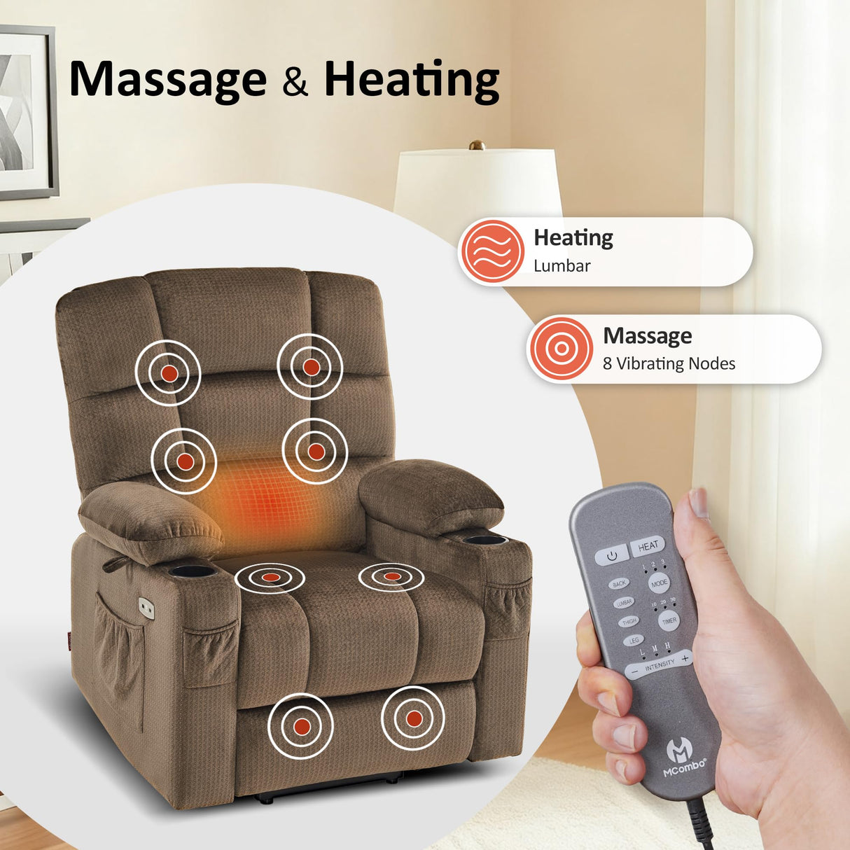 MCombo Dual Motor Power Lift Recliner Chair with Massage and Heat for Elderly People, Infinite Position, USB Ports, Cup Holders, Fabric 7679 (Medium, Brown) MCombo