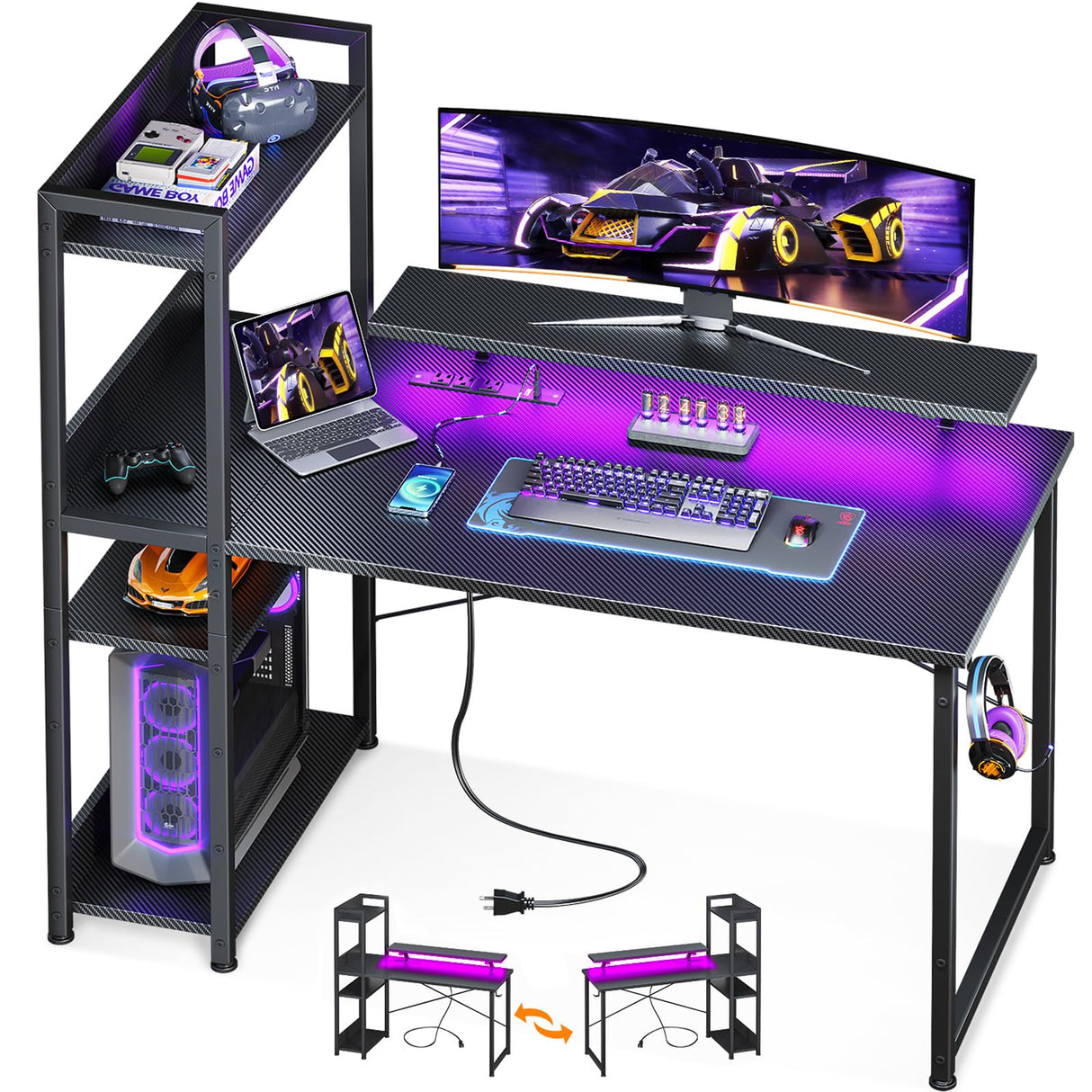 ODK Reversible Gaming Desk with USB Charging Port and LED Lights, 40 Inch Computer Desk with Storage Shelves & Monitor Stand, Study Table for Home Office, Small Space Bedroom, Carbon Fiber Black ODK