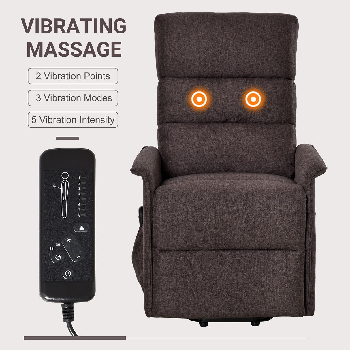 HOMCOM Power Lift Chair with Vibration Massage, Fabric Upholstered Recliner Chair for Elderly with Remote Control, Side Pockets, Brown HOMCOM