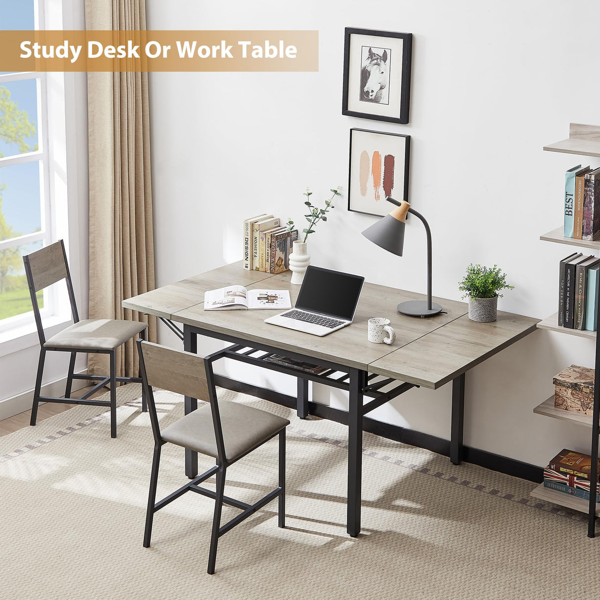 Tmsan 63.2" Folding Dining Table for 4-6 People, Drop Leaf Table with Storage Rack Extendable Kitchen Dinner Table for Small Spaces (Grey) Tmsan