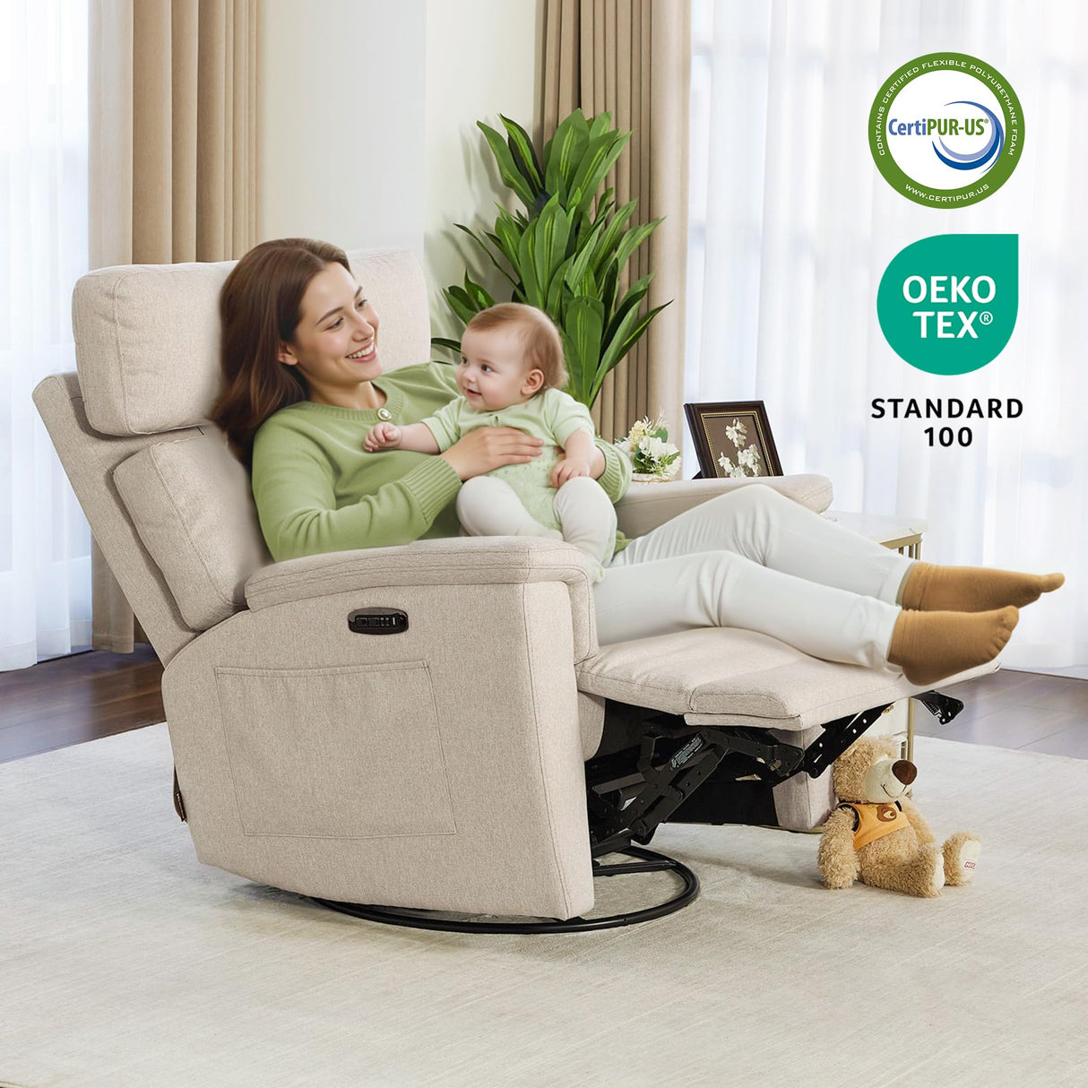 MCombo Oversized Swivel Glider Rocker Recliner with Adjustable Headrest, Dual Motor Power Recliner for Nursery, Led Nightlight, Fabric PR601 (Beige) MCombo