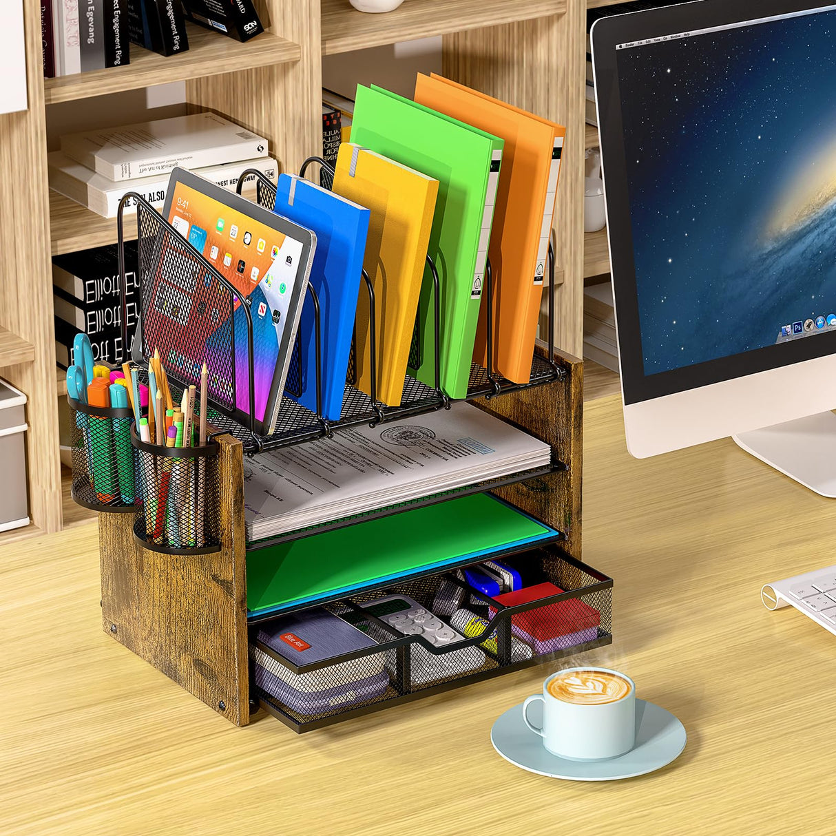 DAOUTIME 4-Tier Mesh Desk Organizer, Wooden Desk File Organizer with 5 Vertical File Holders and 2 Pen Holders, Desktop Organizer with Drawer, Desk Organizers and Accessories for Home Office DAOUTIME