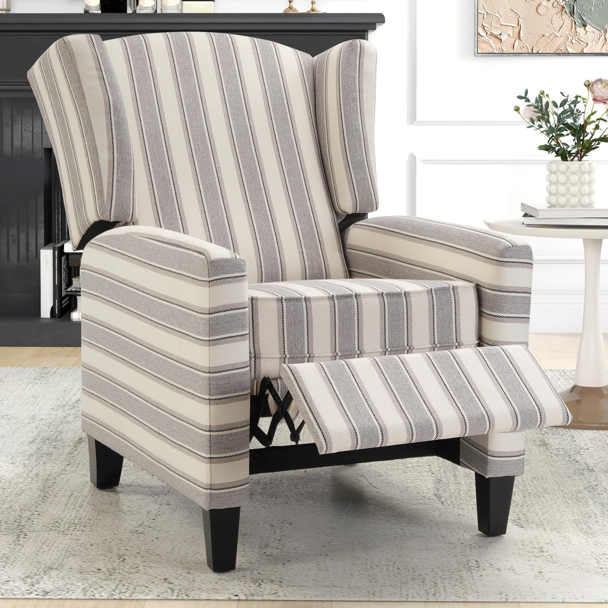 IOMOR Wingback Pushback Recliner Chair Fabric Lounge Armchair Push Back Single Sofa Chair with Padded Seat Solid Wood Legs for Living Room, Mid Century Modern Recliner (Grey Stripe) IOMOR