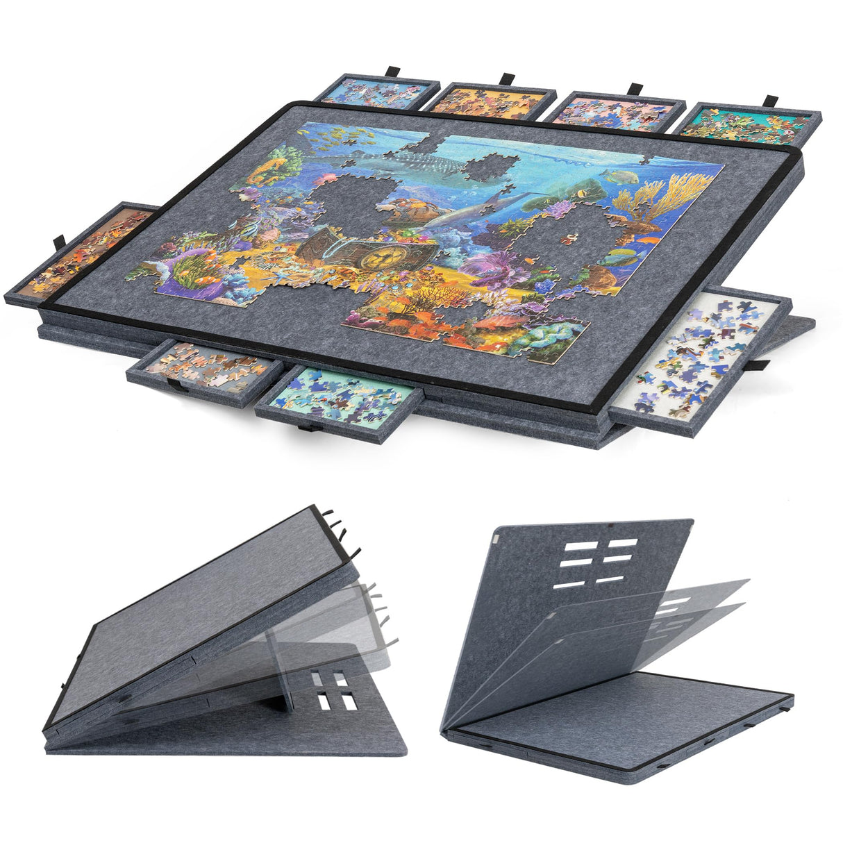 Becko US Tilting Puzzle Board with 2-in-1 Designed Stand & Cover, Lightweight Felt Storage Case with 8 Drawers for Adults, Portable Jigsaw Puzzle Table for Games Up to 1500 Pieces