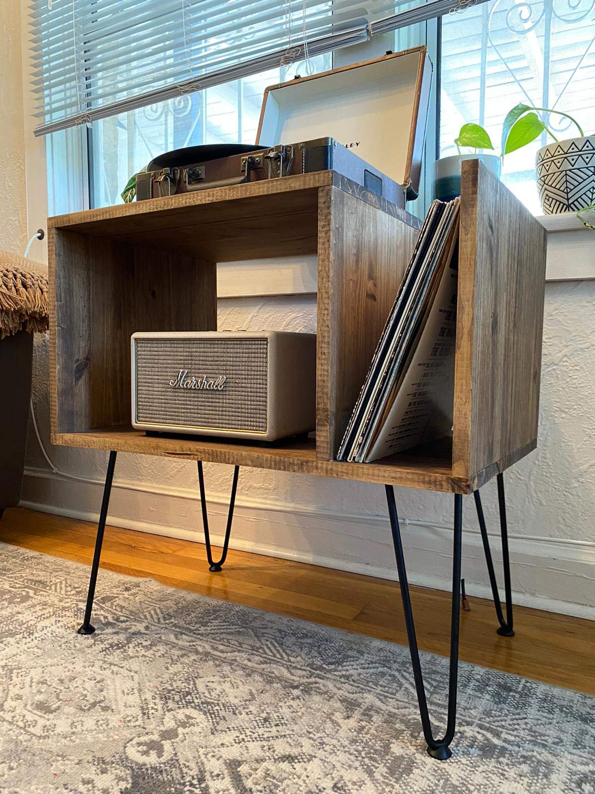 Table For Record Player Stand Cabinet MCM Mid Century Modern with Hairpin Legs WoodArtSupply