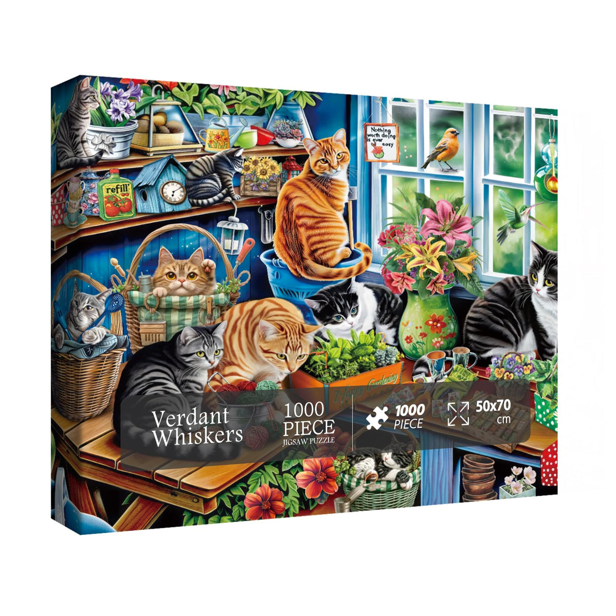 Cat Gardening Cabin Puzzle for Adults 1000 Pieces, Flower Plant Jigsaw Puzzle, Cute Kitten Garden Puzzle BBOLDIN