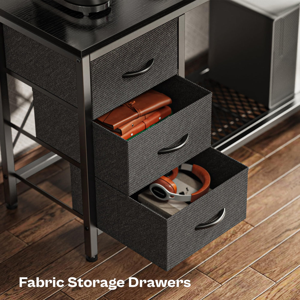 Huuger Reversible L-Shaped Gaming and Office Desk with LED Lighting, Power Outlets, and Drawers in Black Huuger