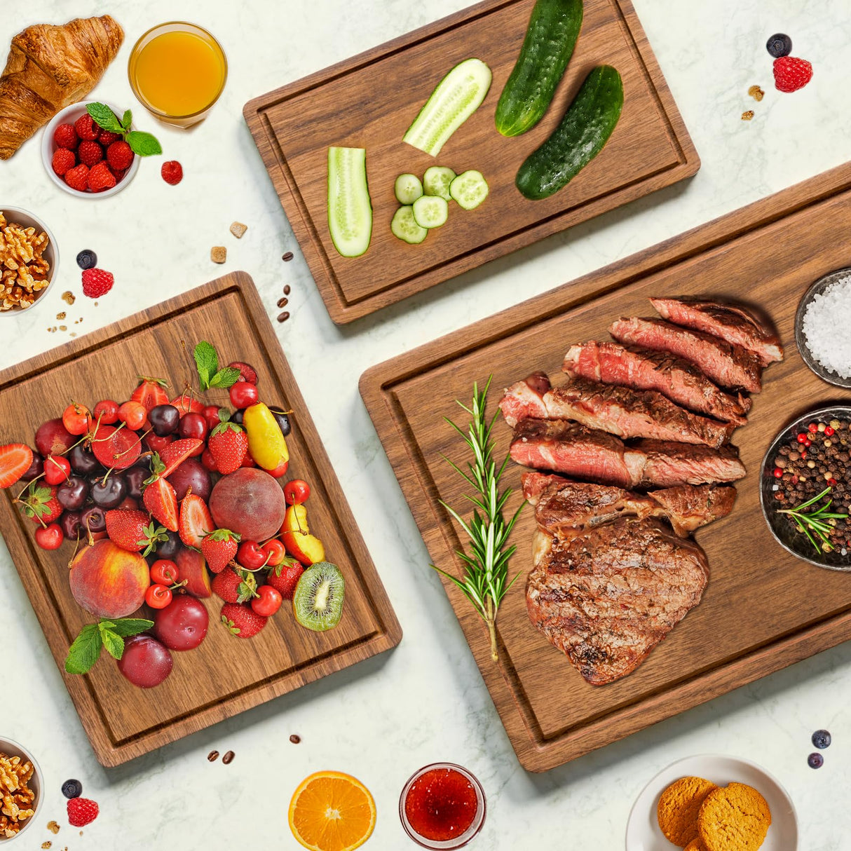 Acacia Wood Cutting Boards Set of 3 for Kitchen, Large Wooden Cutting Board with Juice Groove, Charcuterie Board, Chopping Board for Meat, Cheese, Fruits(17x12, 12x10, 12x7 inch) Misawce