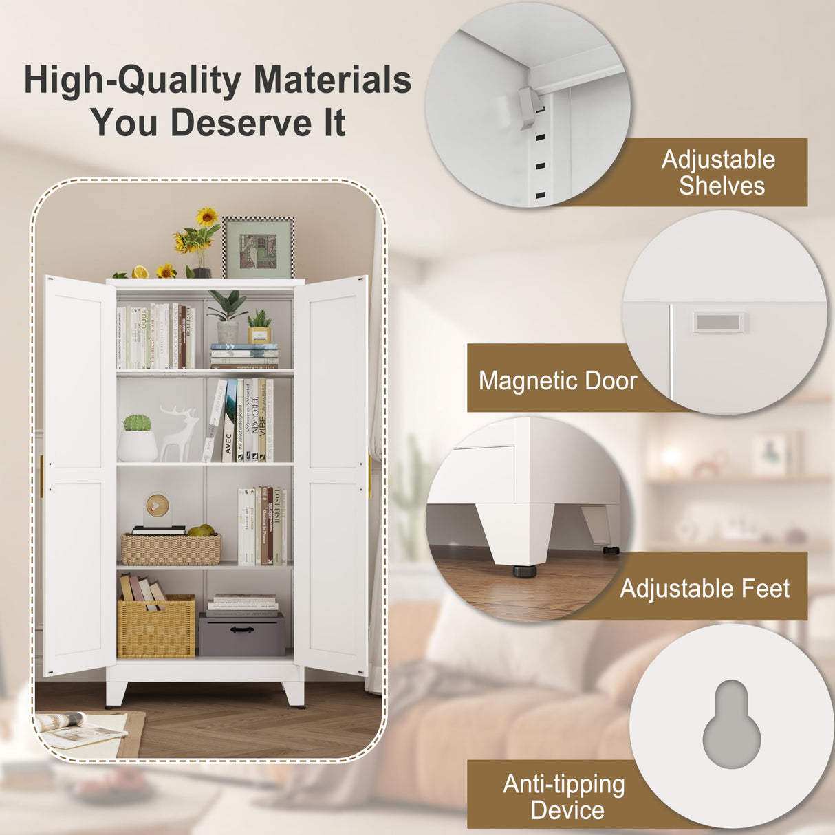 pozdeg Metal Storage Cabinet - 61" Tall Steel File Cabinets with 2 Doors and 3 Adjustable Shelves Versatile Storage Pantry Cabinet for Home Office Warehouse Garage or Outdoor (White) pozdeg