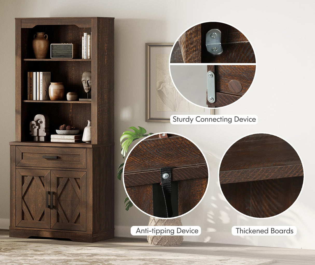 WAMPAT 5-Tier Bookcase with Barn Door Cabinets,73.3" Tall Standing Rustic Bookshelves,63" Wide Modern Farmhouse Display Storage Cabinet with Adjustable Shelves for Home,Office,Rustic Brown WAMPAT